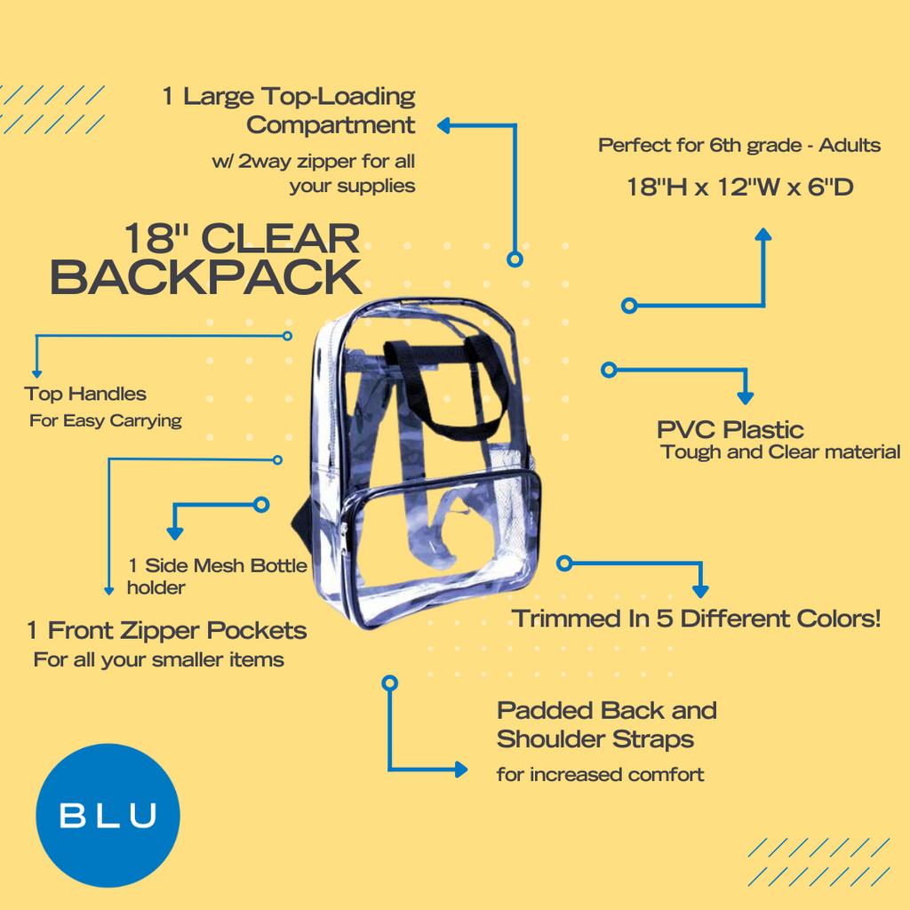 Wholesale 18 Clear Backpacks Trimmed in Assorted Colors BLU School Supplies