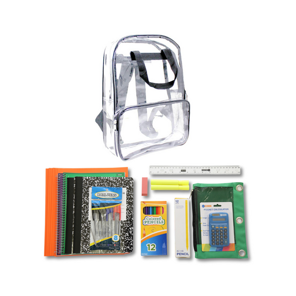 Wholesale 6th-12th Grade Deluxe Kit (46 Items per Kit) in 18" Clear PVC Backpack