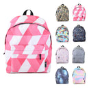 A collection of 15 inch assorted pattern backpacks in various colors and patterns, designed for children.