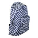 A 15 inch economy backpack with black and gray checkered pattern, shown from a front side angle