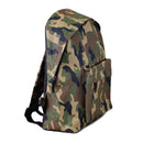 A 15 inch economy backpack with traditional olive green camo pattern, shown from a front side angle.