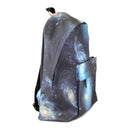 A 15 inch economy backpack with a cosmic space pattern, shown from a front side angle. 