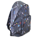 A 15 inch economy backpack with rocketship pattern, shown from a front side angle. 
