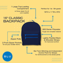 A navy blue 16-inch classic backpack with bright blue zipper pulls and trim, centered on a pale yellow infographic background with feature callouts and text.
