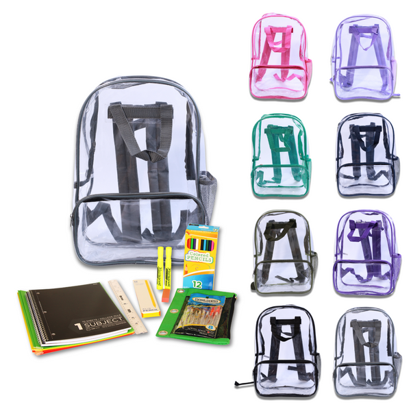 Wholesale 6th-12th Grade Essentials Kit (43 Items per Kit) in 17" Clear PVC Backpack