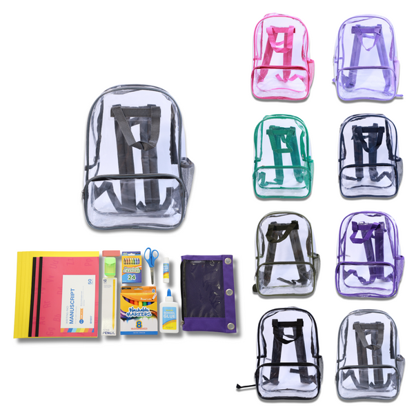 Clear backpacks in various colors with stationery items on a white background