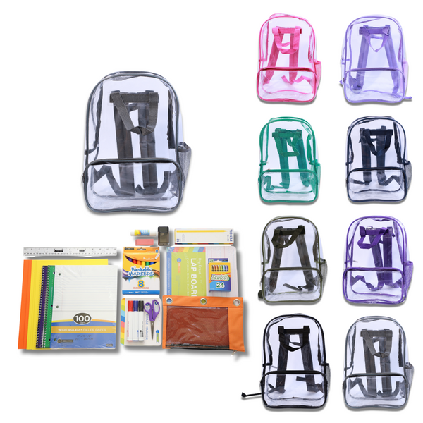 Clear backpacks and school supplies on a white background