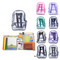 Clear backpacks and school supplies on a white background