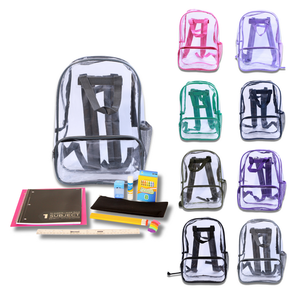 Wholesale Student Essentials Kit (24 Items per Kit) in 17'' Clear PVC Backpack