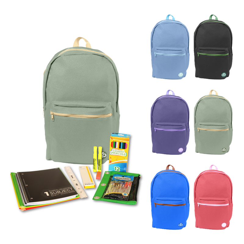 Wholesale 6th-12th Grade Essentials Kit (43 Items per Kit) in 19'' Asst Color Standard Backpack