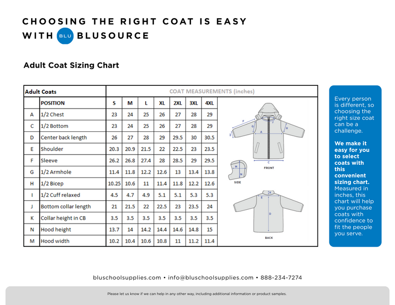 Blu Blusource adult bulk wholesale coat sizing chart with coat images and measurements.