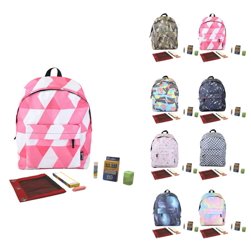 Wholesale PreK-5th Grade Base Kit (40 Items per Kit) in 15" Economy Asst Patterned Backpack