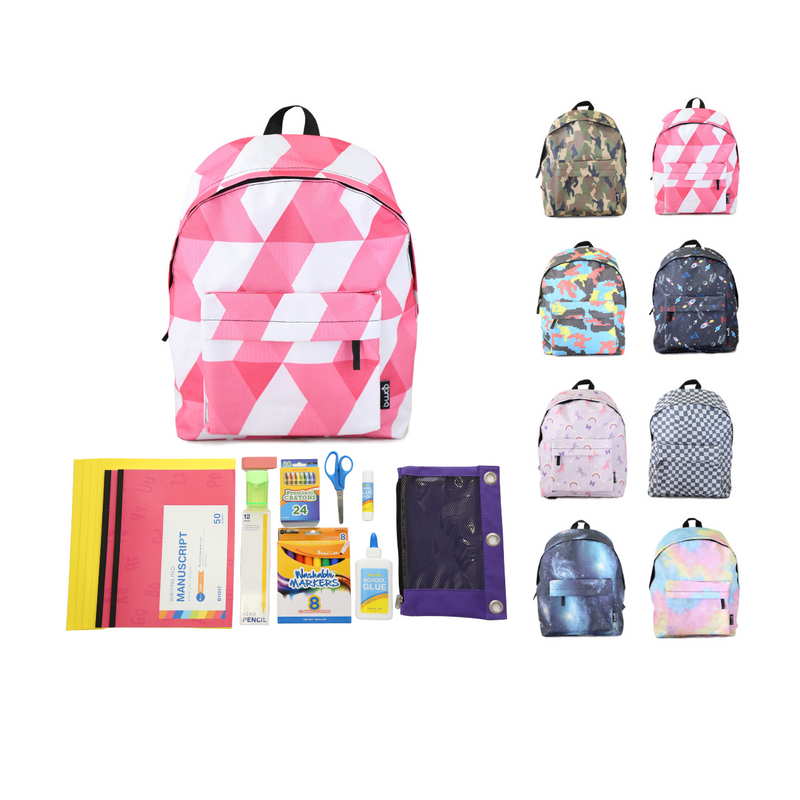 Wholesale Pre K - Kindergarten Essentials Kit (49 Items per Kit) in 15" Economy Asst Pattern Backpack