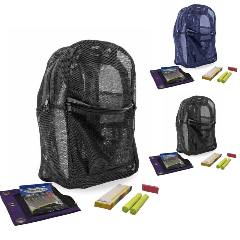 Black and Navy Mesh Backpack with Elementary School Supplies Kit