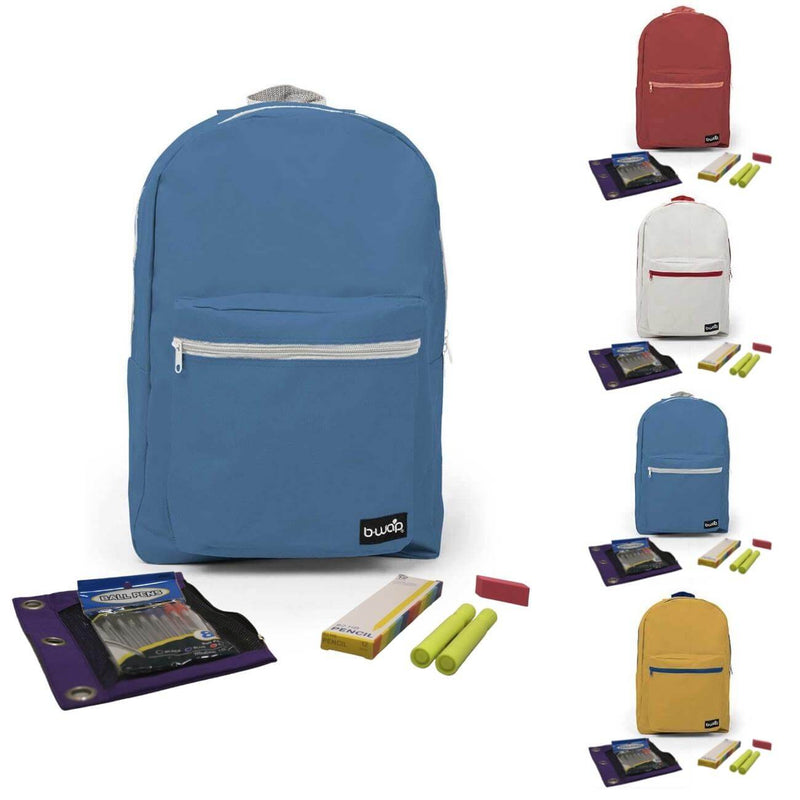 Cyan, Yellow, Maroon, White Backpacks with Elementary School Supplies Kit