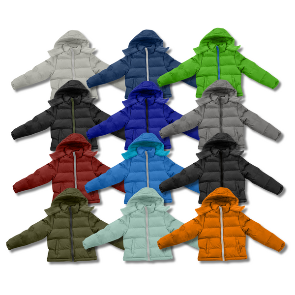 A collection of child puffer jackets coats in colors for boys