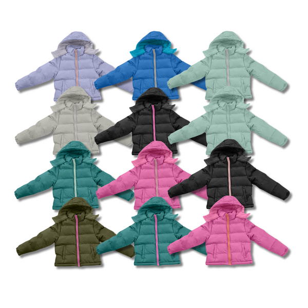A collection of child puffer coats in colors for girls