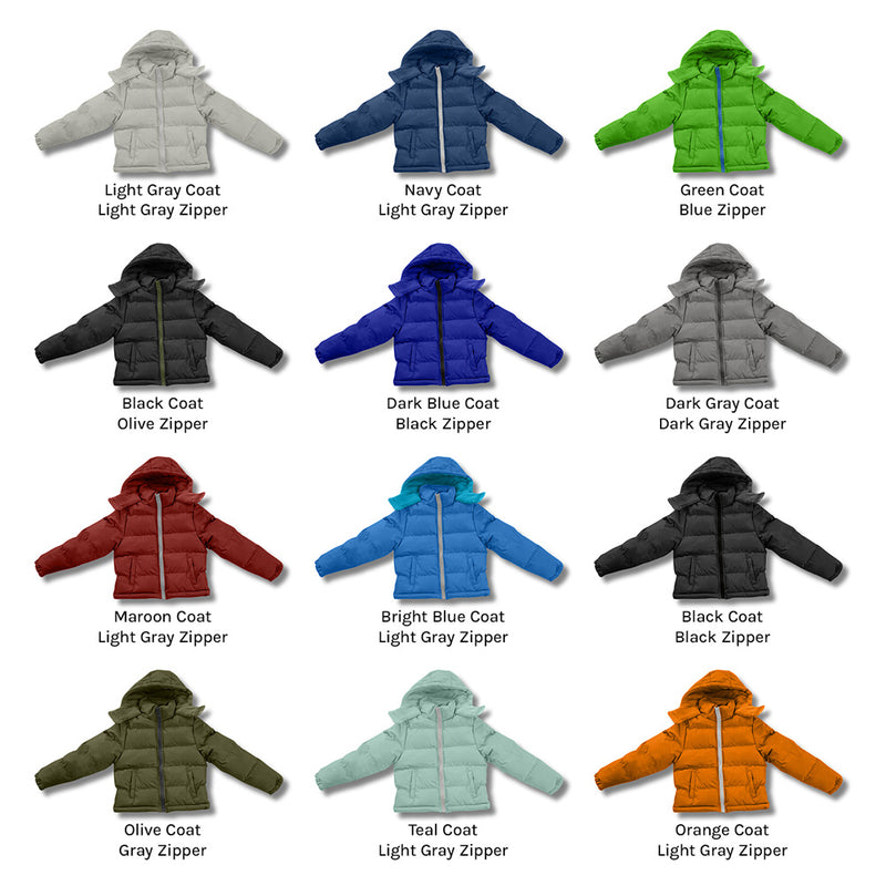 Collection of various colored children's wholesale bulk coats with different colored zippers on a white background