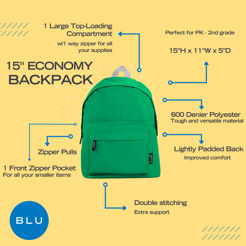Wholesale 15" Asst Solid Color Economy Backpacks