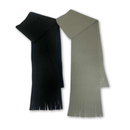 Two knit scarves, one in black and one in gray, with fringed ends, displayed flat.