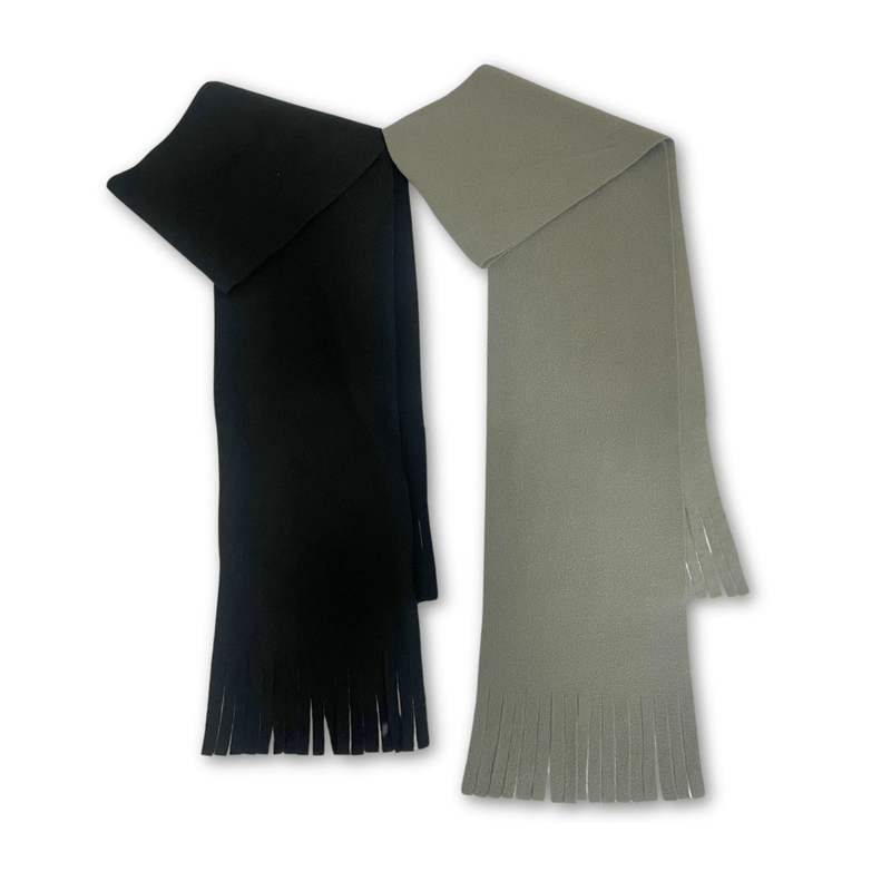 Two knit scarves, one in black and one in gray, with fringed ends, displayed flat.