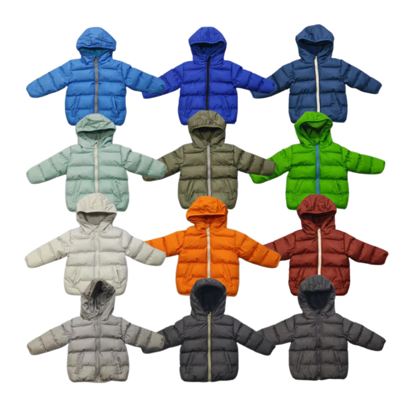 A collection of children's bulk wholesale puffer coats/jackets in various colors on a white background