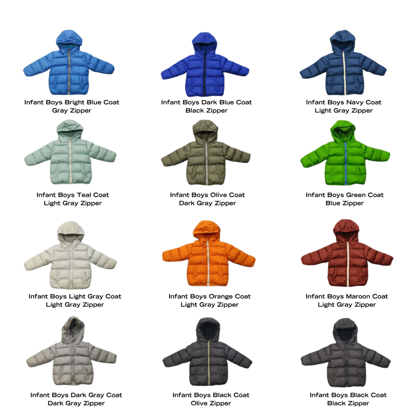 Collection of infant boys' bulk wholesale coats with different colors and zipper colors on a white background.