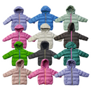 Collection of bulk wholesale children's puffer coats/jackets in assorted colors on a white background