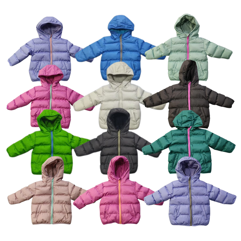 Collection of bulk wholesale children's puffer coats/jackets in assorted colors on a white background
