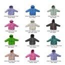 Collection of various colored infant girls' bulk wholesale coats with different colored zippers on a white background