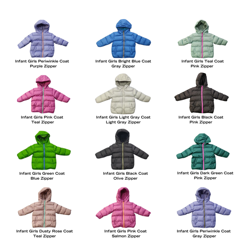 Collection of various colored infant girls' bulk wholesale coats with different colored zippers on a white background