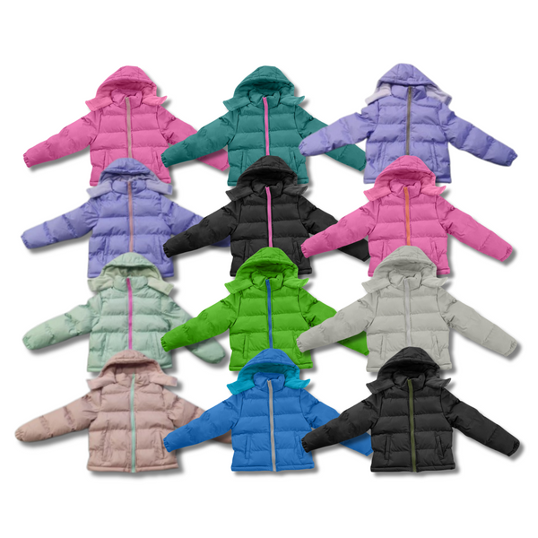 Collection of colorful children's puffer jackets on a white background