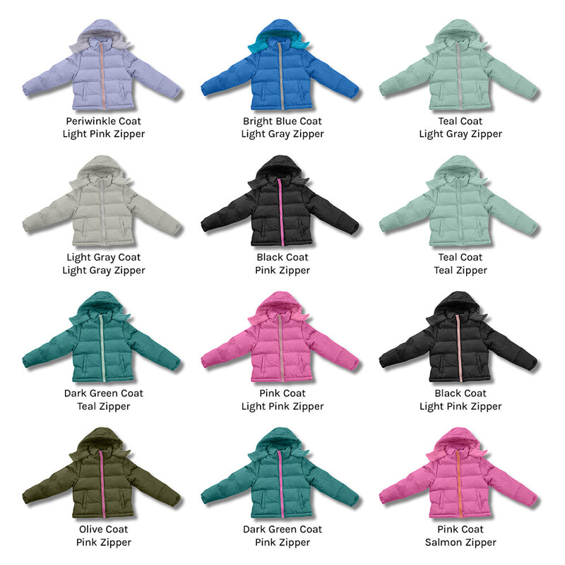 Grid of various children's bulk coats wholesale coats with color and zipper options labeled.