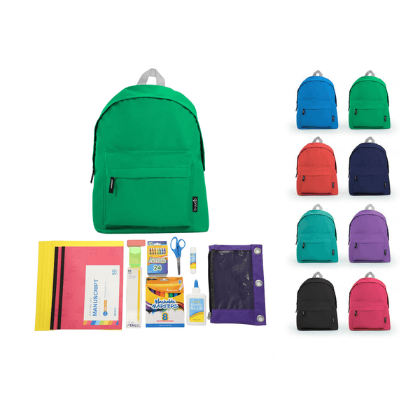Wholesale Pre K - Kindergarten Essentials Kit (49 Items per Kit) in 15" Asst Color Economy Backpacks