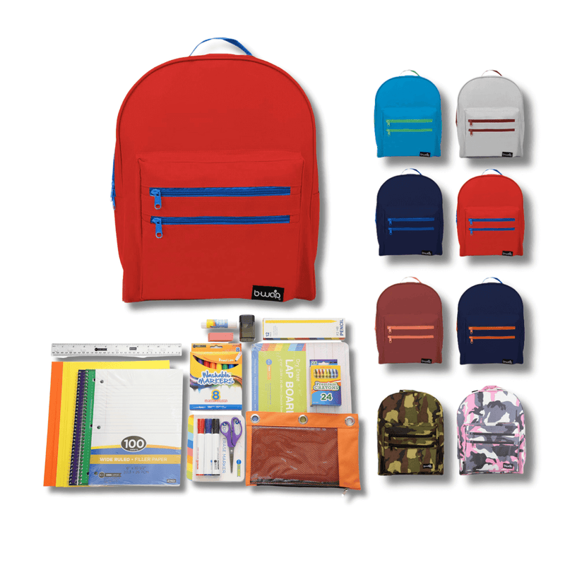 Classic_Backpacks_6 pack_Cyan_NavytoBlue_NavytoOrange_Grey_Red_Maroon_Camo_PinkCamowith_Elementary_School_Supplies_Kit