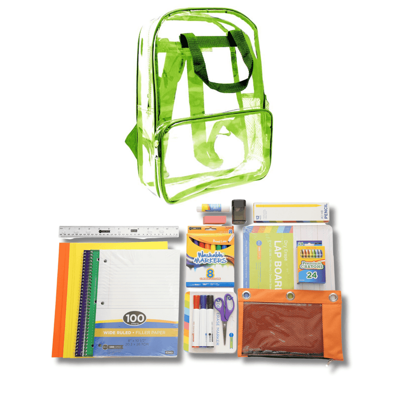 Clear Green Backpack with Elementary School Supplies Kit