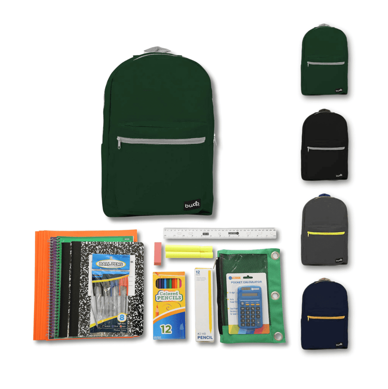 Green Black Grey Navy Backpacks 6 pack with Elementary School Supplies Kits
