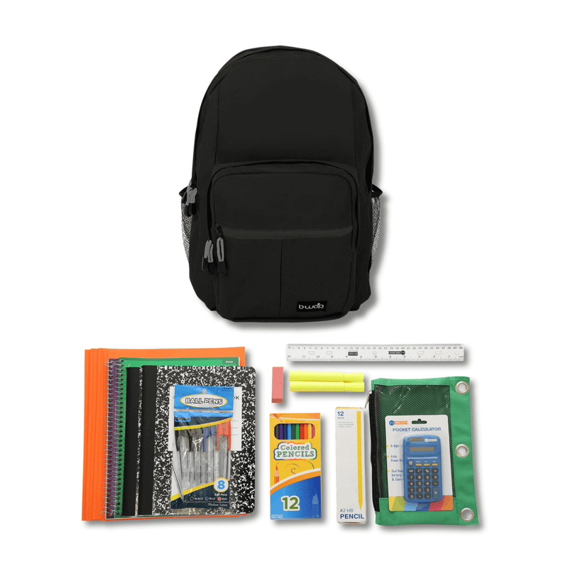 Midnight Black Backpack with Elementary School Supplies Kit 