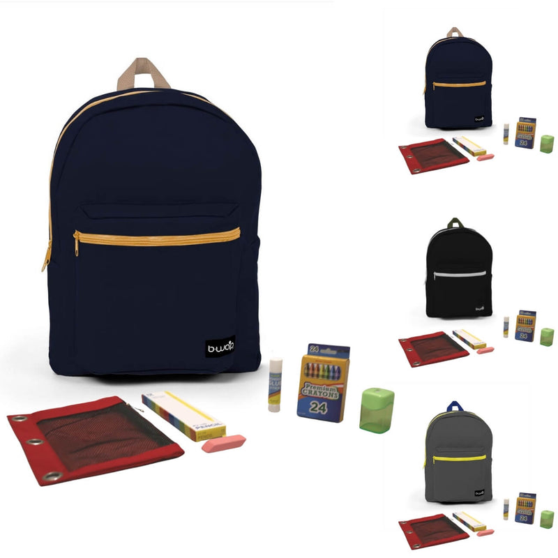 Navy, Black, Grey Backpacks with Elementary School Supply Kits