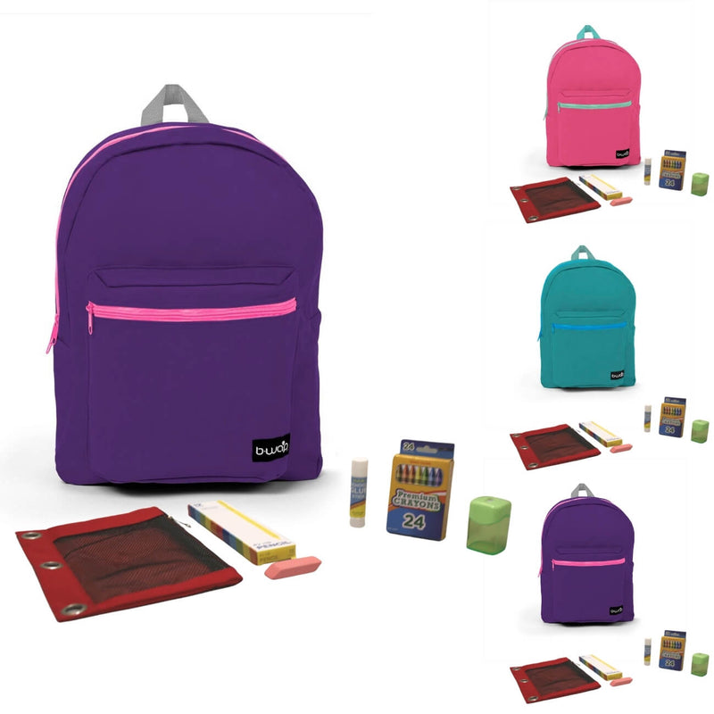  Pink, Cyan, Purple Backpacks with Elementary School Supply Kits