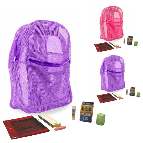 Pink, Purple Mesh Backpack with Elementary School Supplies Kit