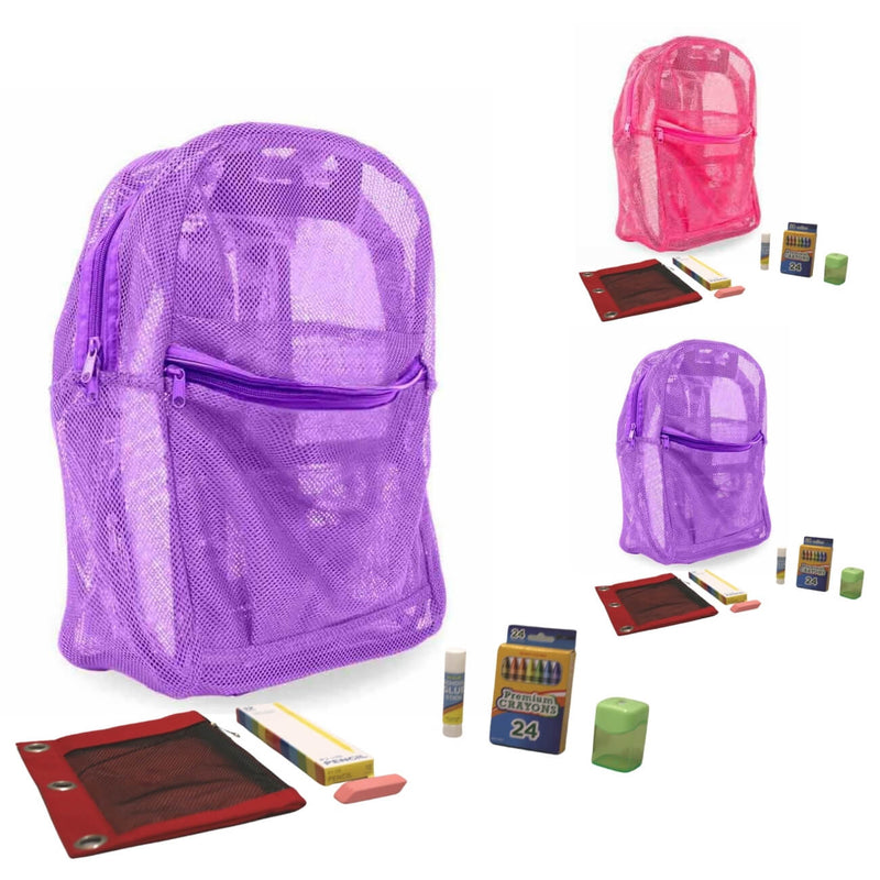 Pink, Purple Mesh Backpack with Elementary School Supplies Kit