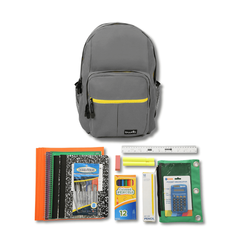 Silver Backpack with Elementary School Supplies Kit