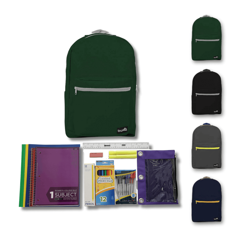 Solid Dark Color Backpacks with Elementary School Supplies Kit