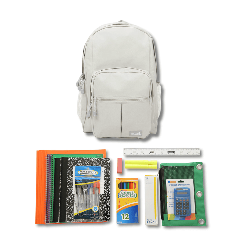 White Backpack with Elementary School Supplies Kit