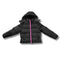 Black wholesale bulk puffer jacket with a pink zipper on a white background