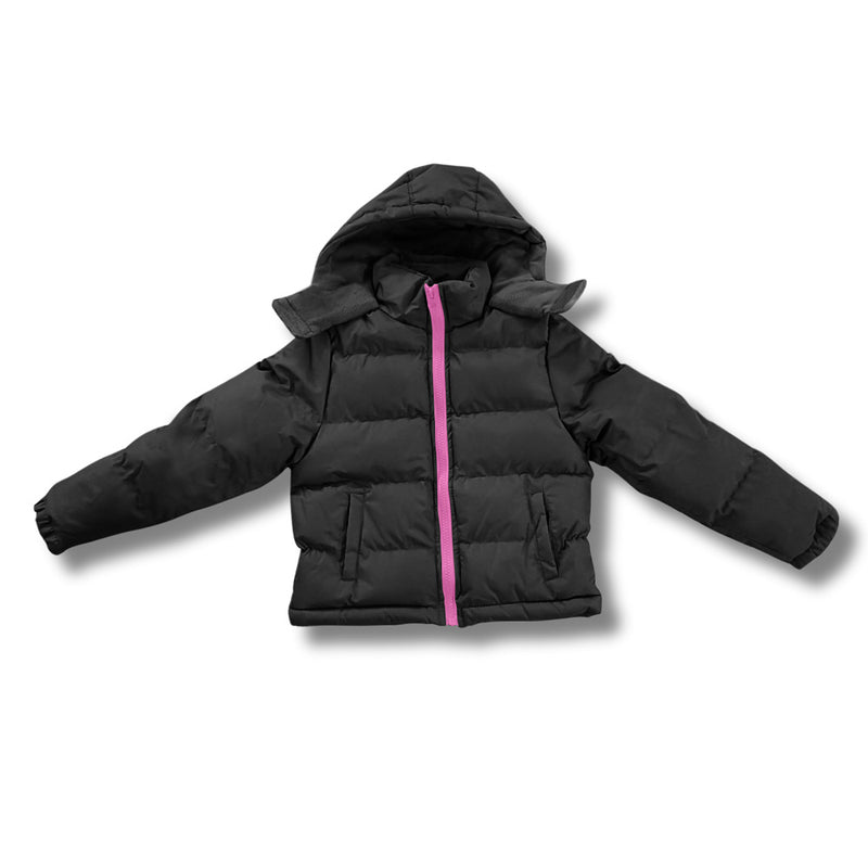 Black wholesale bulk puffer jacket with a pink zipper on a white background
