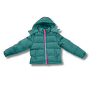 Teal wholesale bulk puffer jacket with pink zipper on a white background