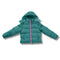 Teal wholesale bulk puffer jacket with pink zipper on a white background