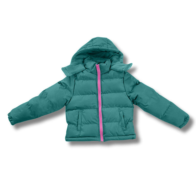 Teal wholesale bulk puffer jacket with pink zipper on a white background